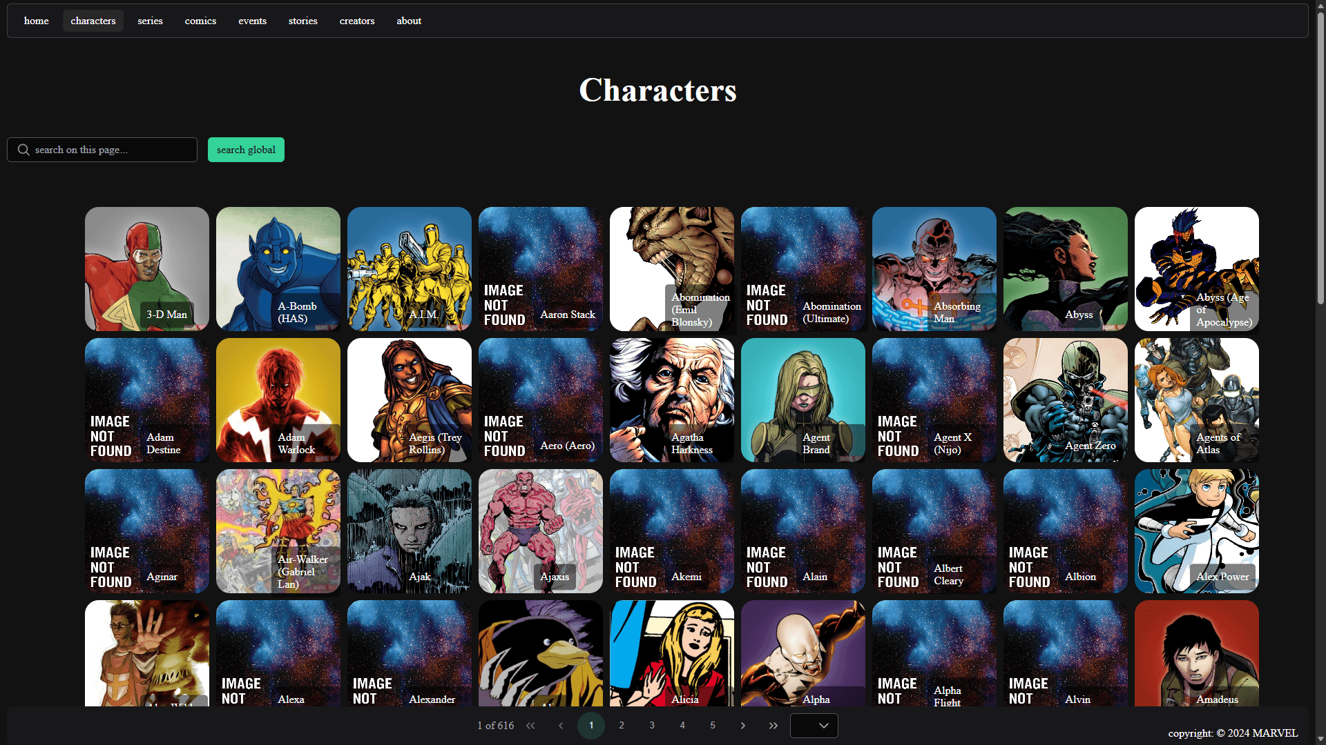 Screenshot of Angular Marvel Database application