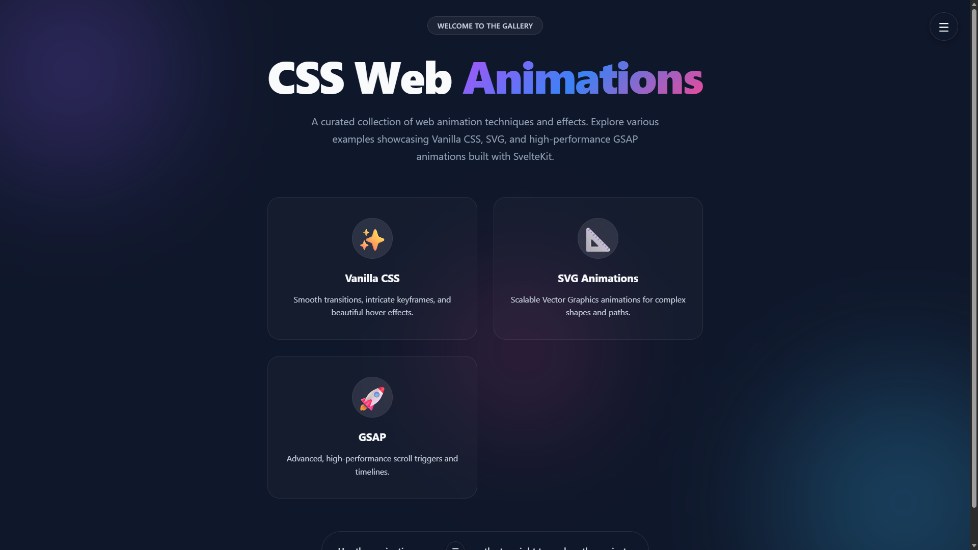 Screenshot of CSS Web Animations Gallery application